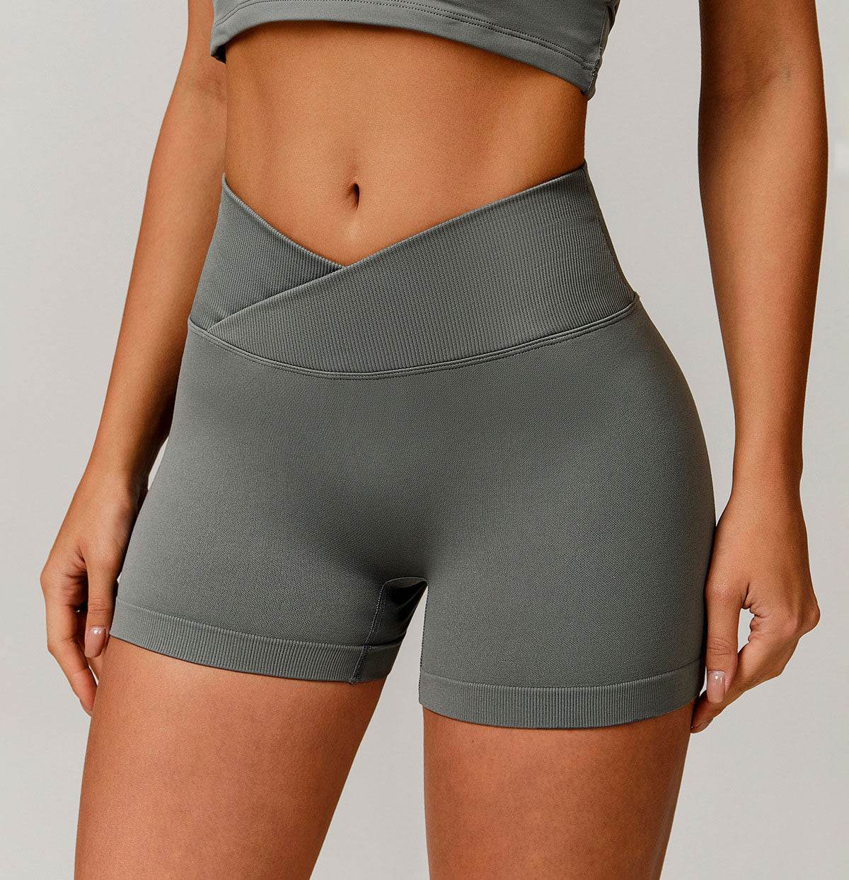 High Waisted Crossover Solid Athletic Shorts