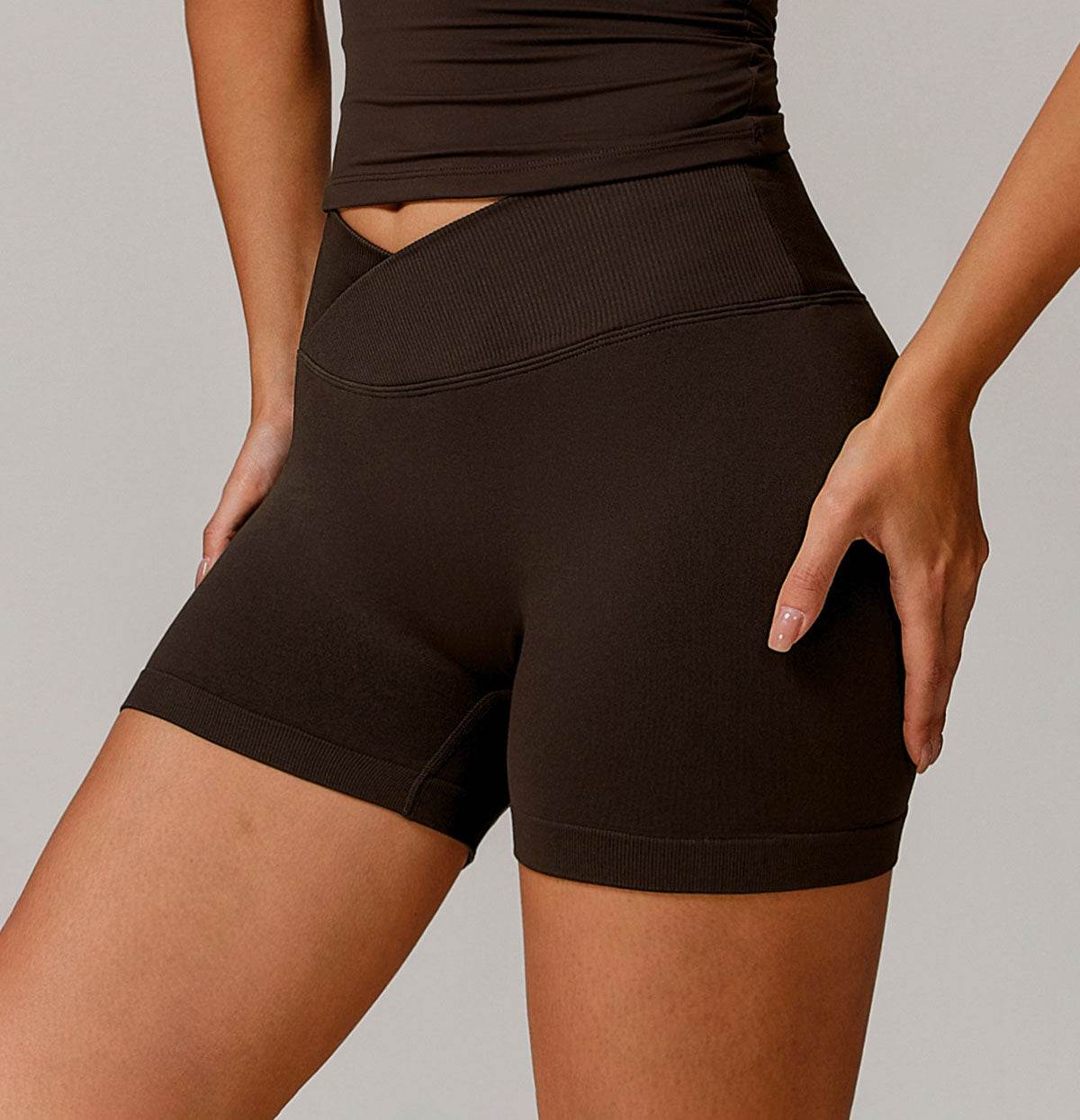 High Waisted Crossover Solid Athletic Shorts