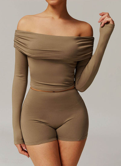 Active Wear Set with Long Sleeve Off Shoulder Crop Top and Shorts