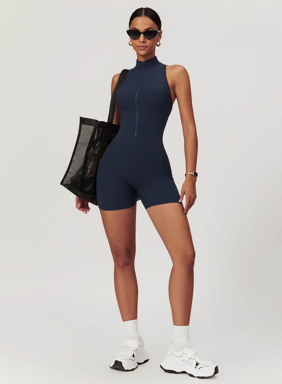 Zip Up Sleeveless Workout Shorts Jumpsuit
