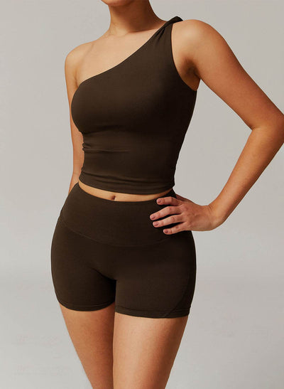 Active Wear Set with One Shoulder Knot Design Tank Top and Shorts