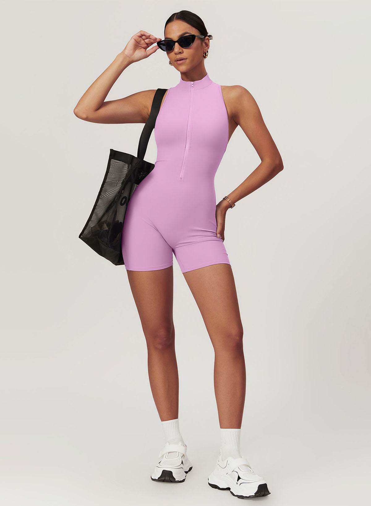 Zip Up Sleeveless Workout Shorts Jumpsuit