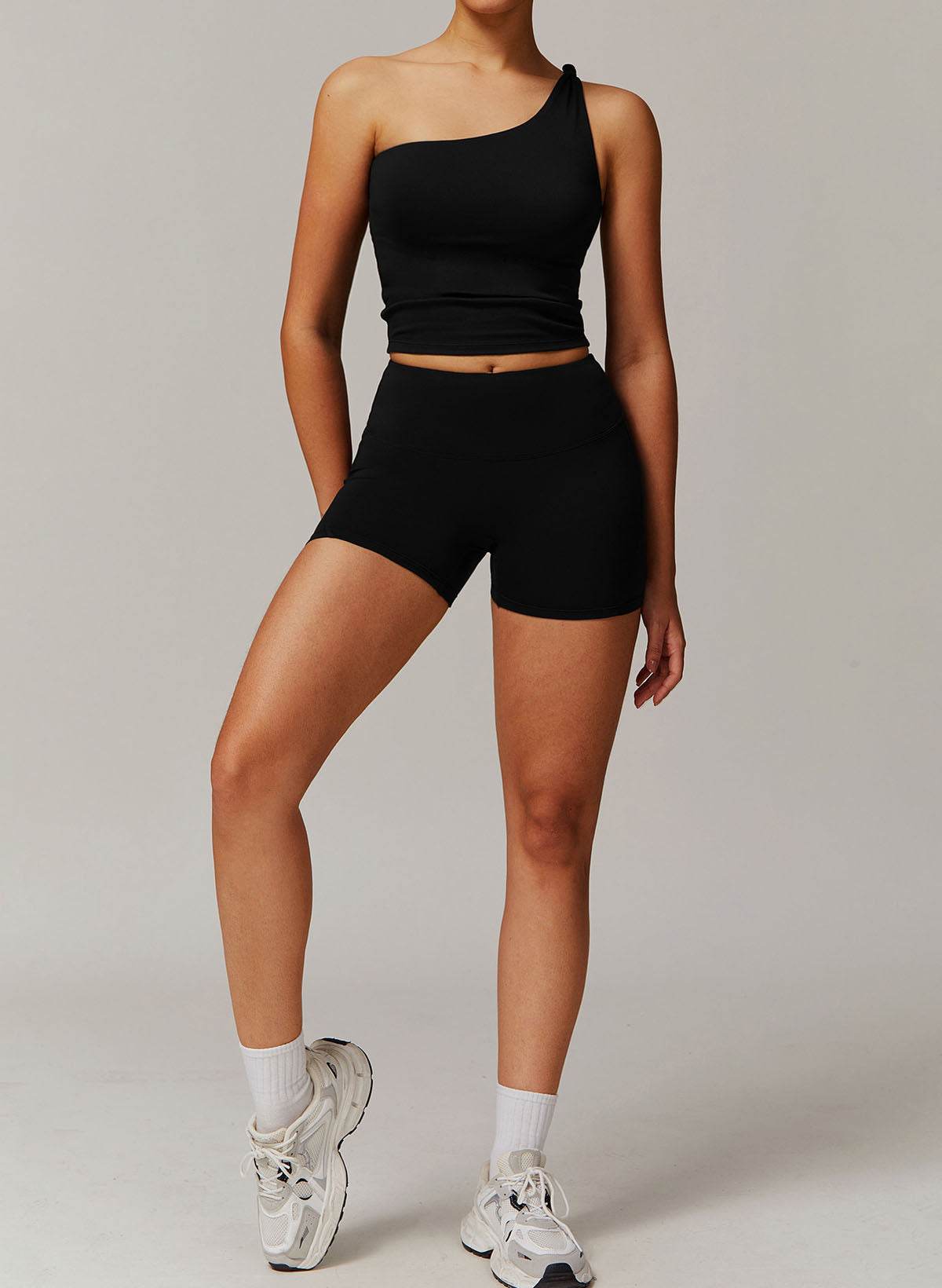 Active Wear Set with One Shoulder Knot Design Tank Top and Shorts