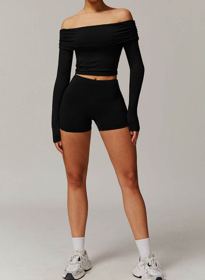 Active Wear Set with Long Sleeve Off Shoulder Crop Top and Shorts