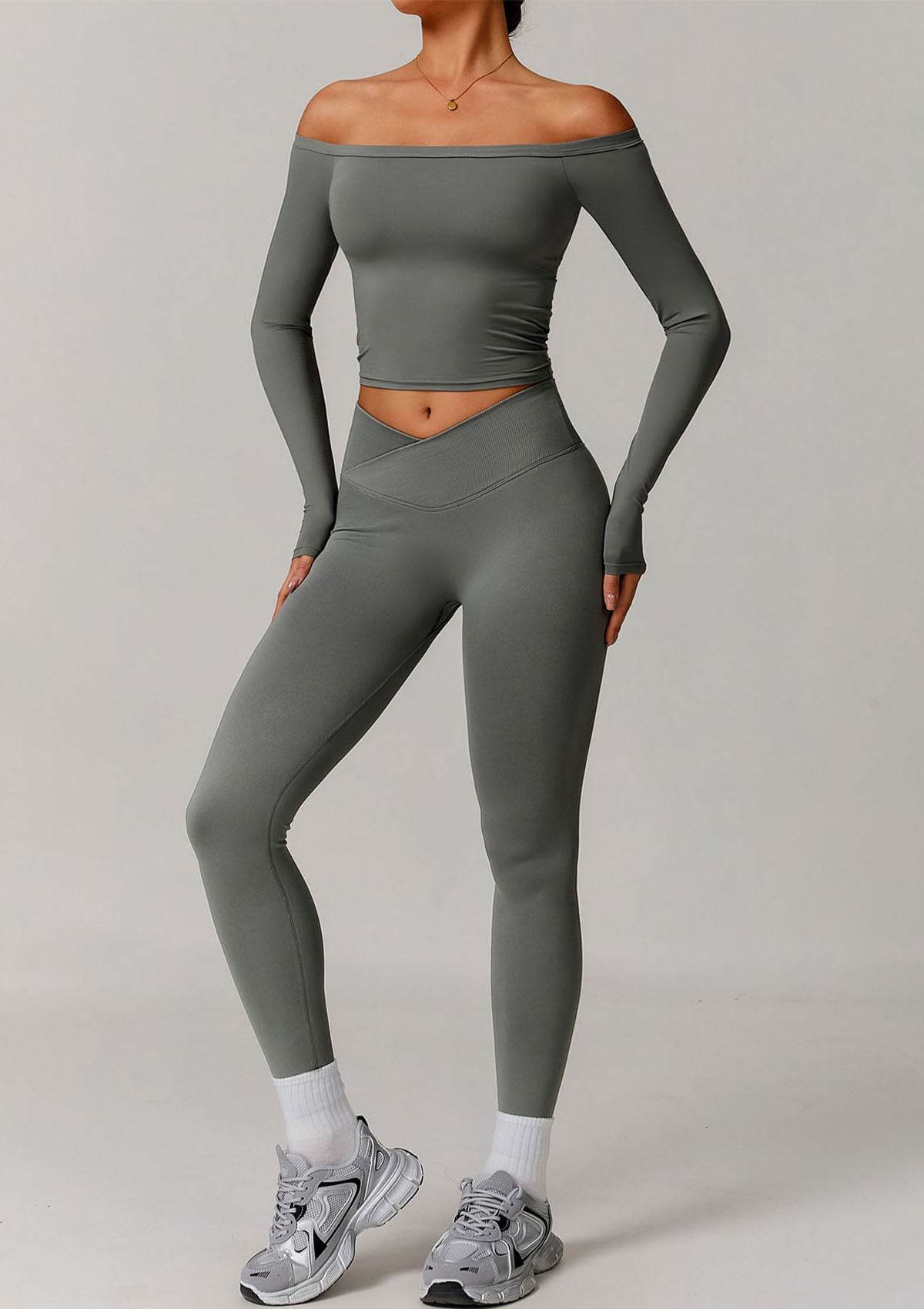 Athletic Wear Sets with Off Shoulder Basic T-Shirts and Leggings