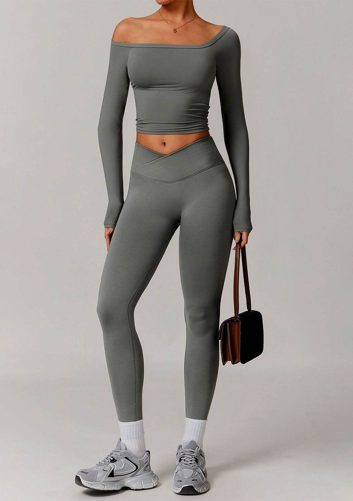 Athletic Wear Sets with Off Shoulder Basic T-Shirts and Leggings