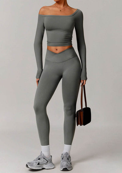Athletic Wear Sets with Off Shoulder Basic T-Shirts and Leggings
