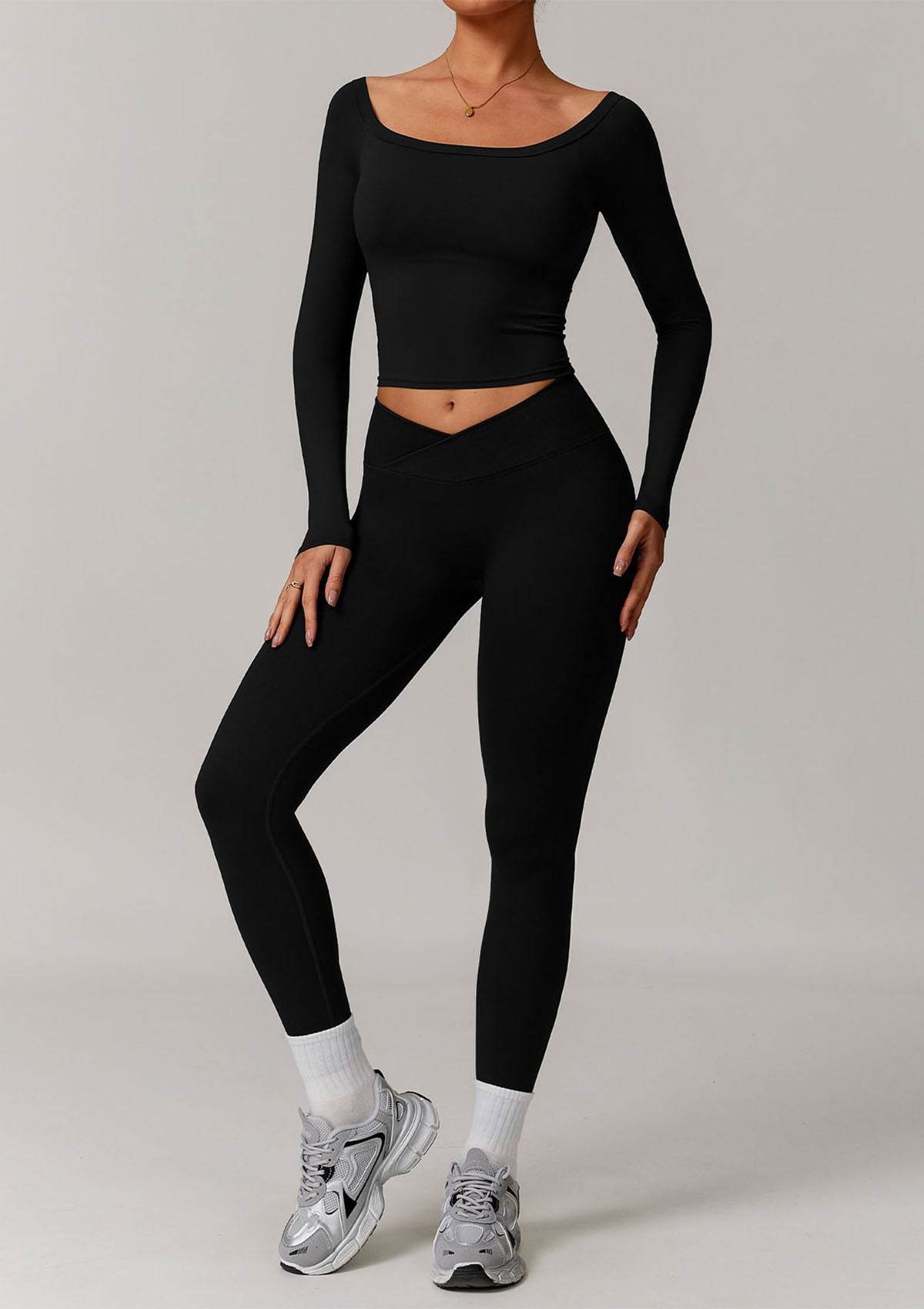 Athletic Wear Sets with Off Shoulder Basic T-Shirts and Leggings