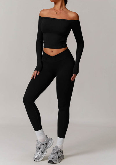 Athletic Wear Sets with Off Shoulder Basic T-Shirts and Leggings