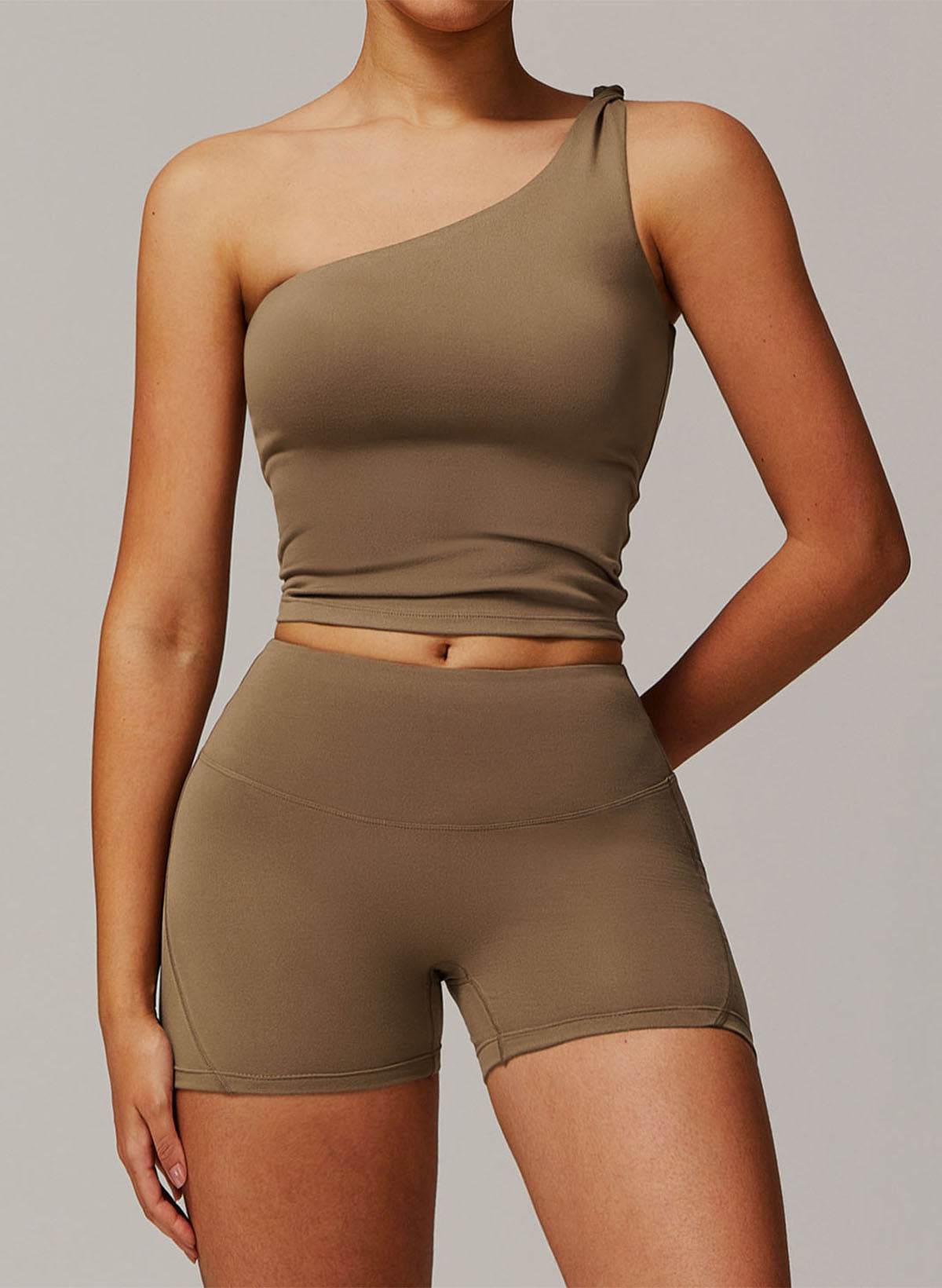Active Wear Set with One Shoulder Knot Design Tank Top and Shorts