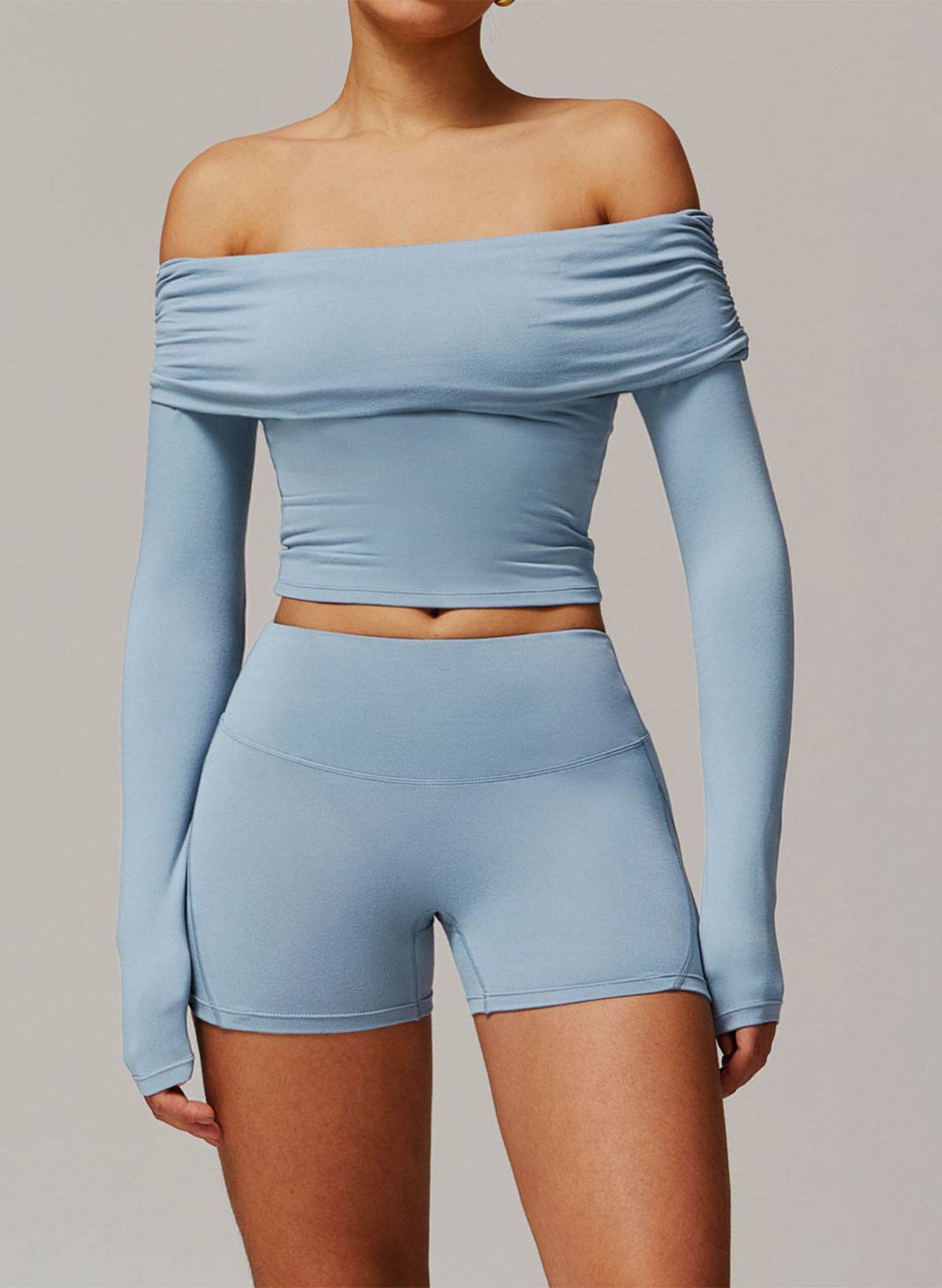 Active Wear Set with Long Sleeve Off Shoulder Crop Top and Shorts
