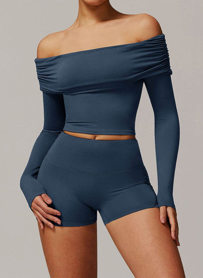 Active Wear Set with Long Sleeve Off Shoulder Crop Top and Shorts