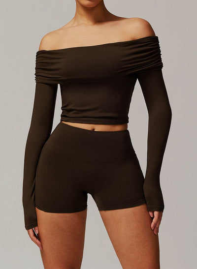 Active Wear Set with Long Sleeve Off Shoulder Crop Top and Shorts